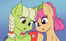 Size: 1000x633 | Tagged: safe, artist:empyu, imported from derpibooru, apple rose, granny smith, earth pony, pony, apple (company), bow, duo, female, hair bow, iphone, mare, open mouth, phone, young apple rose, young granny smith, younger