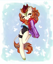 Size: 1053x1260 | Tagged: safe, artist:smthngjay, imported from derpibooru, autumn blaze, anthro, kirin, semi-anthro, unguligrade anthro, awwtumn blaze, clothes, cute, eyes closed, female, pale color, smiling, soft color, solo, style emulation