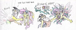 Size: 1024x400 | Tagged: safe, artist:grimmyweirdy, imported from derpibooru, discord, fluttershy, draconequus, comic:cosmic cosmos, angry, draconequified, flutterequus, fluttershy is not amused, just no, species swap, teleportation, traditional art, unamused, yay