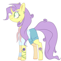 Size: 2500x2500 | Tagged: safe, artist:bublebee123, imported from derpibooru, sunshine petals, pony, unicorn, icey-verse, alternate hairstyle, bandage, clothes, commission, curved horn, ear piercing, earring, female, horn, jewelry, mare, piercing, redesign, scarf, shirt, shorts, simple background, snake bites, solo, t-shirt, tattoo, transparent background