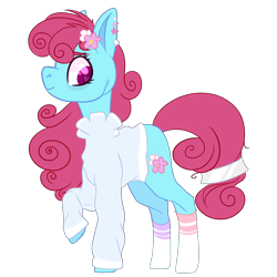 Size: 2500x2500 | Tagged: safe, artist:bublebee123, imported from derpibooru, bluebonnet, earth pony, pony, icey-verse, alternate hairstyle, clothes, commission, ear piercing, earring, female, flower, flower in hair, heart eyes, jewelry, mare, mismatched socks, piercing, raised hoof, redesign, simple background, socks, solo, striped socks, sweater, transparent background, wingding eyes