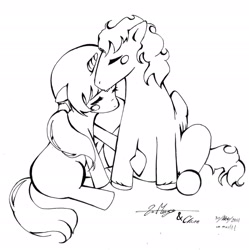 Size: 2235x2243 | Tagged: safe, artist:la-monge, imported from derpibooru, oc, oc only, pony, unicorn, black and white, blush sticker, blushing, cute, grayscale, monochrome, nuzzling