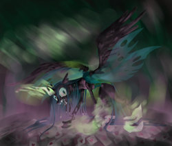 Size: 2000x1700 | Tagged: safe, artist:mysteriousshine, imported from derpibooru, queen chrysalis, changeling, changeling queen, abstract background, female, glowing horn, horn, hungry, looking at you, open mouth, sharp teeth, solo, teeth, tongue out