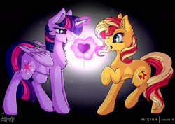 Size: 1600x1132 | Tagged: dead source, safe, artist:julunis14, imported from derpibooru, sunset shimmer, twilight sparkle, alicorn, pony, unicorn, duo, female, heart, mare, not shipping, twilight sparkle (alicorn), undertale