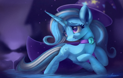 Size: 4365x2788 | Tagged: safe, artist:auroriia, imported from derpibooru, trixie, pony, unicorn, cape, clothes, cute, cutie mark, diatrixes, female, hat, high res, long hair, mare, slim, smiling, solo, thin, trixie's cape, trixie's hat, wizard hat