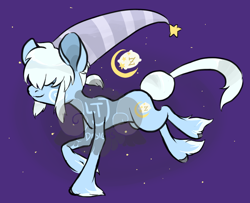 Size: 800x650 | Tagged: safe, artist:lavvythejackalope, imported from derpibooru, oc, oc only, pony, unicorn, crescent moon, flying, hair over eyes, hat, hoof fluff, horn, male, moon, night, nightcap, solo, stallion, stars, unicorn oc