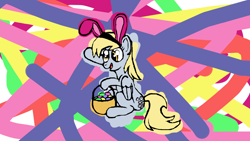 Size: 1920x1080 | Tagged: safe, artist:ta0', imported from derpibooru, derpy hooves, pegasus, pony, abstract background, basket, bunny ears, easter bunny, easter egg, female, mare, sitting, solo