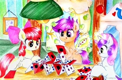 Size: 3487x2302 | Tagged: safe, artist:liaaqila, imported from derpibooru, apple bloom, scootaloo, sweetie belle, earth pony, pegasus, pony, unicorn, :p, apple bloom's bow, blank flank, bow, card, commission, curtains, cutie mark crusaders, female, filly, glowing horn, hair bow, horn, house of cards, levitation, light, lightbulb, magic, table, telekinesis, tongue out, traditional art, wardrobe