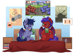 Size: 1000x700 | Tagged: safe, artist:tikrs007, imported from derpibooru, oc, oc only, oc:high point, oc:wavelength, bat pony, pony, advance wars, artillery, bat pony oc, bat wings, bed, bedroom, book, commission, female, glasses, grit, jess, male, mare, minecraft, pillow, sitting, stallion, super nintendo, tank (vehicle), video game, wings