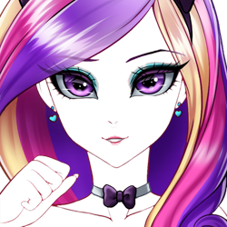 Size: 500x500 | Tagged: safe, artist:racoonsan, edit, editor:drakeyc, imported from derpibooru, princess cadance, human, equestria girls, bunny suit, cat ears, close-up, clothes, cute, cutedance, dark skin, dean cadance, eye, eyes, female, hair, human female, humanized, looking at you, multicolored hair, outline, purple eyes, sexy, simple background, solo, stupid sexy cadance, stupid sexy princess cadance, transparent, transparent background