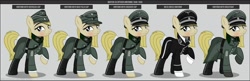 Size: 1600x517 | Tagged: safe, artist:brony-works, imported from derpibooru, oc, oc only, earth pony, pony, boots, clothes, earth pony oc, eyelashes, female, hat, helmet, mare, nazi germany, nazipone, raised hoof, reference sheet, schutzstaffel, shoes, smiling, solo, uniform, waffen-ss, world war ii