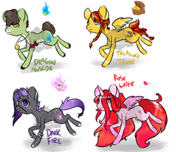 Size: 1500x1300 | Tagged: safe, artist:lavvythejackalope, imported from derpibooru, oc, oc only, oc:dark fire, oc:rose water, oc:treasure trove, alicorn, earth pony, pegasus, pony, unicorn, alicorn oc, braid, braided tail, chest, cutie mark, earth pony oc, eyepatch, horn, jewelry, necklace, pegasus oc, running, simple background, skull, unicorn oc, white background, wings