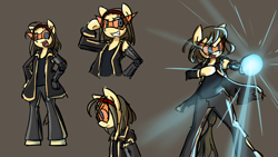 Size: 3840x2160 | Tagged: safe, artist:spheedc, imported from derpibooru, oc, oc only, oc:pyami, earth pony, semi-anthro, amputee, bipedal, charging, clothes, digital art, energy blast, glasses, headband, prosthetic limb, prosthetics, simple background, visor