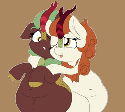 Size: 3840x3456 | Tagged: dead source, safe, artist:airsicksubset, artist:blitzyflair, imported from derpibooru, autumn blaze, cinder glow, summer flare, kirin, autumn blob, belly button, chubby, cinderblaze, cloven hooves, cute, fat, female, hug, lesbian, one eye closed, open mouth, shipping, simple background, thick, wide hips