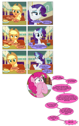 Size: 1237x1971 | Tagged: safe, artist:dziadek1990, edit, edited screencap, imported from derpibooru, screencap, applejack, pinkie pie, rarity, the saddle row review, cafe, comic, context is for the weak, context needed, conversation, cup, dialogue, exposition, food, fourth wall, indoors, magic, no context, noodle incident, pie, screencap comic, slice of life, table, teabag, teacup, text