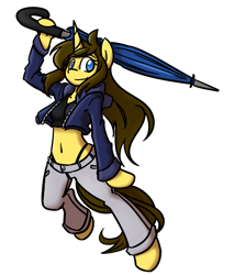 Size: 1839x2160 | Tagged: safe, artist:spheedc, imported from derpibooru, oc, oc only, oc:dream chaser, semi-anthro, unicorn, belly button, bipedal, clothes, digital art, female, mare, midriff, panties, rule 63, short shirt, simple background, solo, thong, transparent background, umbrella, underwear