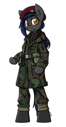 Size: 2070x3975 | Tagged: safe, artist:spheedc, imported from derpibooru, oc, oc only, oc:umbra historia, bat pony, semi-anthro, bat pony oc, bat wings, beret, bipedal, camouflage, clothes, commission, digital art, hat, military uniform, simple background, solo, transparent background, wings