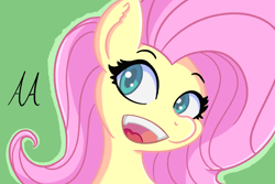 Size: 1200x800 | Tagged: safe, artist:an_anon_artist, imported from derpibooru, fluttershy, pegasus, pony, bust, colored pupils, cute, ear fluff, female, green background, looking at you, open mouth, shyabetes, simple background, smiling, solo, teeth