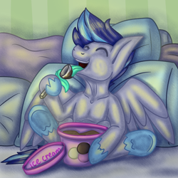Size: 1500x1500 | Tagged: safe, artist:jane-ander, artist:janeander, imported from derpibooru, oc, oc only, oc:aspen volare, pegasus, pony, food, ice cream, long tongue, male, pillow, solo, tongue out, ych result
