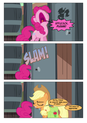 Size: 868x1228 | Tagged: safe, artist:dziadek1990, edit, edited screencap, imported from derpibooru, screencap, applejack, pinkie pie, the last roundup, comic, conversation, dialogue, door, onomatopoeia, ouch, outhouse, potty emergency, potty time, screencap comic, slice of life, sound effects, text