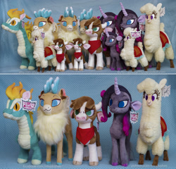 Size: 2653x2544 | Tagged: safe, artist:buttercupbabyppg, imported from derpibooru, arizona cow, oleander, paprika paca, tianhuo, velvet reindeer, alpaca, classical unicorn, cow, deer, dragon, hybrid, longma, reindeer, unicorn, them's fightin' herds, arizona (tfh), bandana, cloven hooves, community related, female, group, leonine tail, oleander (tfh), paprika (tfh), photo, plushie, tianhuo (tfh), unshorn fetlocks, velvet (tfh)