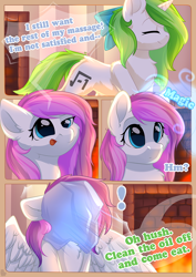 Size: 800x1132 | Tagged: safe, artist:alphadesu, imported from derpibooru, oc, oc only, oc:minty root, oc:snow kicker, pegasus, pony, unicorn, comic:sisterly love, amputee, bow, chest fluff, comic, ear fluff, eyes closed, female, fire, fireplace, floppy ears, hair bow, horn, magic, mare, massage, open mouth, sitting, smiling, spread wings, standing, wings