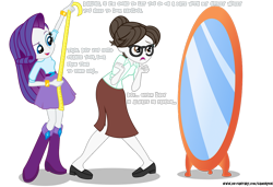 Size: 1280x878 | Tagged: safe, artist:gamerpen, imported from derpibooru, rarity, raven, equestria girls, date, dressmaking, duo, equestria girls-ified, female, glasses, hardly visible text, implied ravenspike, implied shipping, implied spike, implied straight, male, measuring tape, mirror, rarity being rarity, secretary, simple background, transparent background