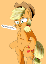 Size: 1000x1400 | Tagged: safe, artist:diamondgreenanimat0, imported from derpibooru, applejack, anthro, semi-anthro, food, hips, orange, sexy, sweet apple acres