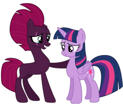 Size: 12012x10137 | Tagged: safe, alternate version, artist:ejlightning007arts, derpibooru exclusive, imported from derpibooru, tempest shadow, twilight sparkle, alicorn, unicorn, base used, blank flank, broken horn, eye scar, female, hoof on shoulder, horn, lesbian, mare, scar, shipping, simple background, smiling, tempestlight, transparent background, twilight sparkle (alicorn), vector