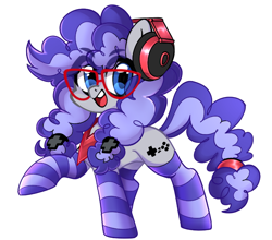 Size: 816x719 | Tagged: safe, artist:techycutie, imported from derpibooru, oc, oc only, oc:cinnabyte, pony, my little pony: pony life, adorkable, bandana, clothes, cute, dork, g4.5, gaming headset, glasses, happy, headset, pigtails, smiling, socks, solo, striped socks, style emulation