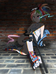 Size: 3000x4000 | Tagged: safe, artist:octvinybbf4ever, imported from derpibooru, rainbow dash, human, female, gun, humanized, roller skates, sitting, solo, weapon