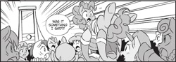 Size: 1766x630 | Tagged: safe, imported from derpibooru, seven seas, pinkie pie, earth pony, pony, my little pony: the manga, my little pony: the manga volume 2, spoiler:manga, spoiler:manga2, black and white, clothes, execution, female, grayscale, guillotine, male, mare, monochrome, stallion, tied up, unnamed character, unnamed pony, you know for kids