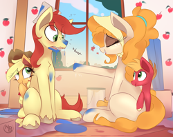 Size: 2482x1971 | Tagged: safe, artist:nevobaster, imported from derpibooru, applejack, big macintosh, bright mac, pear butter, earth pony, pony, apple, apple farm, boop, brightabetes, brightbutter, brush, clothes, colt, colt big macintosh, cute, dork, family, female, filly, filly applejack, food, freckles, group, hat, headband, jackabetes, laughing, macabetes, male, mare, mouth hold, nevobaster is trying to murder us, open mouth, paint, paint bucket, painting, paper hat, parent, pearabetes, shipping, sitting, smiling, stallion, straight, window, younger