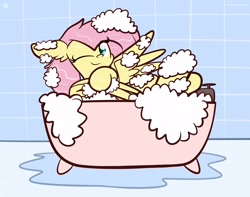 Size: 1920x1513 | Tagged: dead source, safe, artist:kimjoman, artist:php142, imported from derpibooru, fluttershy, pegasus, pony, bath, bathing, bathtub, bubble bath, cute, ear fluff, female, floppy ears, indoors, looking at you, mare, one eye closed, one wing out, smiling, solo, washing, water, wings, wink, winking at you