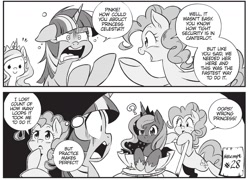 Size: 1821x1311 | Tagged: safe, imported from derpibooru, seven seas, pinkie pie, princess celestia, princess luna, twilight sparkle, earth pony, pony, my little pony: the manga, my little pony: the manga volume 2, spoiler:manga, spoiler:manga2, bipedal, cropped, female, mare, monochrome