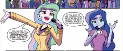 Size: 1311x552 | Tagged: safe, artist:pencils, edit, editor:slayerbvc, idw, imported from derpibooru, princess celestia, princess luna, equestria girls, spoiler:comic, spoiler:comicequestriagirlsmarchradness, bracelet, brooch, clothes, cutie mark, cutie mark accessory, cutie mark brooch, cutie mark on clothes, jewelry, microphone, no makeup edit, principal celestia, unnamed character, unnamed human, vice principal luna