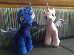 Size: 400x299 | Tagged: safe, artist:matthewbro1, imported from derpibooru, princess cadance, princess luna, alicorn, build-a-bear, female, flying, irl, photo, plushie