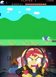 Size: 700x966 | Tagged: safe, edit, edited screencap, imported from derpibooru, screencap, fluttershy, sunset shimmer, equestria girls, game stream, spoiler:eqg series (season 2), atari, gamer sunset, smurfs, sunset gamer