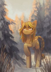 Size: 1585x2241 | Tagged: safe, artist:koviry, imported from derpibooru, oc, oc only, oc:marigold, earth pony, pony, braided tail, fir tree, forest, looking up, snow, solo, tree