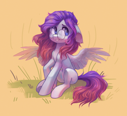 Size: 2647x2418 | Tagged: safe, artist:koviry, imported from derpibooru, oc, oc only, pegasus, pony, female, floppy ears, glasses, mare, sitting, smiling, solo, spread wings, three quarter view, wings