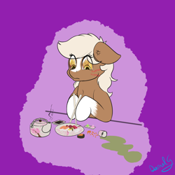 Size: 1500x1500 | Tagged: safe, artist:darnelg, imported from derpibooru, earth pony, pony, chopsticks, earth pony problems, epona, eye twitch, fire in her eyes, food, horse problems, meat, messy, ponies eating meat, ponies eating seafood, rage, seafood, sushi, the legend of zelda