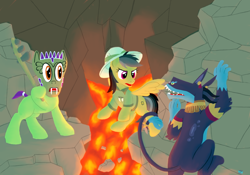 Size: 1200x840 | Tagged: safe, artist:quint-t-w, imported from derpibooru, ahuizotl, daring do, oc, ahuizotl (species), earth pony, pegasus, pony, cavern, climbing, clothes, dexterous hooves, flying, hat, hoof hold, lava, leg grab, mask, peril, pith helmet, ponified, prehensile tail, reference, sharp teeth, tail wrap, teeth, video game reference, weapon