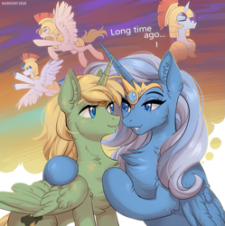 Size: 1197x1200 | Tagged: safe, artist:margony, imported from derpibooru, trixie, oc, oc only, oc:mark wells, alicorn, pegasus, pony, unicorn, fanfic:off the mark, alicorn oc, alicornified, armor, blue coat, blue eyes, chest fluff, crown, duo, ear fluff, eye contact, fanfic art, green coat, horn, jewelry, looking at each other, markxie, open mouth, race swap, regalia, trixiecorn, wings, yellow mane