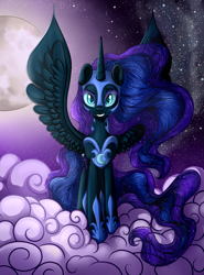 Size: 2335x3163 | Tagged: safe, artist:vird-gi, edit, editor:childofthenight, imported from derpibooru, nightmare moon, alicorn, pony, beautiful, cloud, female, high res, looking at you, mare, moon, night, smiling, solo, spread wings, wings