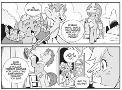 Size: 1810x1345 | Tagged: safe, imported from derpibooru, seven seas, applejack, derpy hooves, doctor whooves, snails, snips, time turner, earth pony, pony, unicorn, my little pony: the manga, my little pony: the manga volume 2, spoiler:manga, spoiler:manga2, colt, cropped, female, male, mare, monochrome, stallion