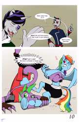 Size: 3850x5950 | Tagged: safe, artist:mlpryze, imported from derpibooru, rainbow dash, spike, oc, oc:arcane knight, oc:jouster knight, anthro, dragon, pegasus, unicorn, biting, comic, dialogue, fight