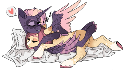 Size: 645x385 | Tagged: safe, artist:venommocity, imported from derpibooru, oc, oc only, oc:cassiopeia, oc:cookie butter, alicorn, earth pony, pony, female, hug, magical lesbian spawn, mare, offspring, parent:cheese sandwich, parent:pinkie pie, parent:tempest shadow, parent:twilight sparkle, parents:cheesepie, parents:tempestlight, pillow, simple background, transparent background