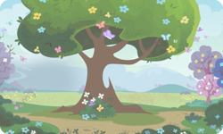 Size: 954x572 | Tagged: safe, imported from derpibooru, butterfly, background, bush, flower, gameloft, mountain, no pony, outdoors, tree