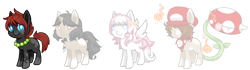 Size: 1964x553 | Tagged: safe, artist:ad-opt, artist:mousu, imported from derpibooru, oc, oc only, earth pony, monster pony, original species, pegasus, piranha plant pony, plant pony, pony, unicorn, augmented tail, base used, clothes, coat markings, collaboration, crossover, earth pony oc, hat, horn, jewelry, necklace, pearl necklace, pegasus oc, plant, scarf, simple background, socks (coat marking), socks (coat markings), transparent background, unicorn oc, wings