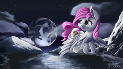 Size: 3840x2160 | Tagged: safe, artist:ilicksunshine, artist:sigilponies, imported from derpibooru, oc, oc only, pony, cloud, cloudy, lake, moon, mountain, mountain range, night, solo, stars, water